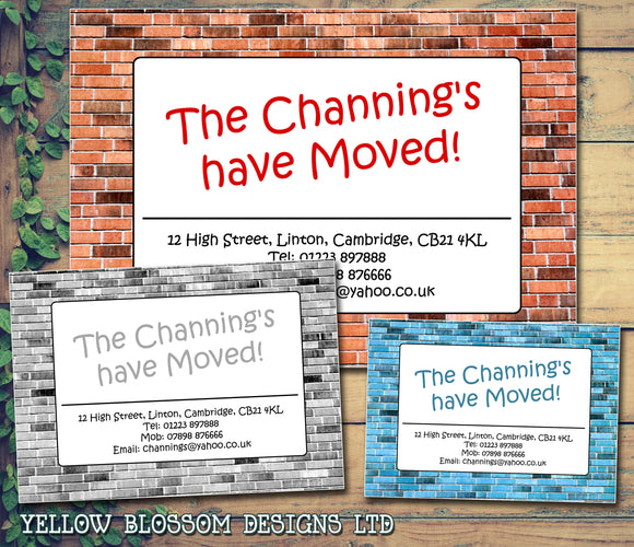 Rustic Brick Sign Personalised Moving House Announcement Cards ~ QUANTITY DISCOUNT AVAILABLE