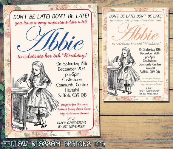 Vintage Alice Wonderland Tea Party Invitations - Birthday Invites Boy Girl Joint Party Twins Unisex Printed Children's Kids Child ~ QUANTITY DISCOUNT AVAILABLE