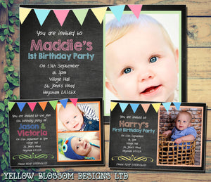 Shabby Bunting Chalkboard Party Invitations - Boy Girl Unisex Joint Birthday Invites Boy Girl Joint Party Twins Unisex Printed ~ QUANTITY DISCOUNT AVAILABLE