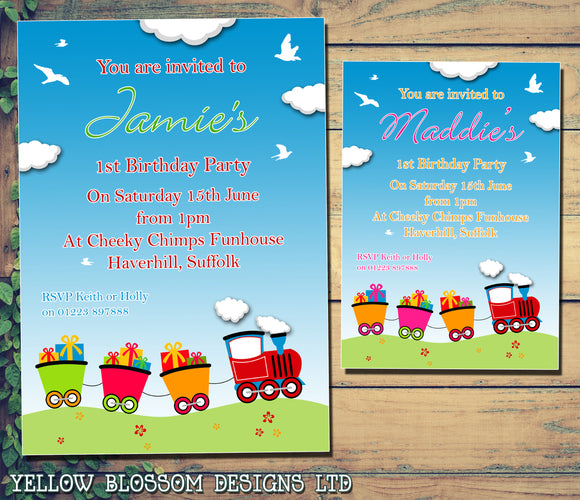 Train Choo Choo - Children's Kids Child Birthday Invitations Boy Girl Joint Party Twins Unisex Printed ~ QUANTITY DISCOUNT AVAILABLE