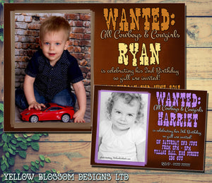 Children's Kids Child Birthday Invitations Boy Girl Joint Party Twins Unisex Printed - Cowboy Cowgirl Wild West WANTED Poster Printed Photo ~ QUANTITY DISCOUNT AVAILABLE