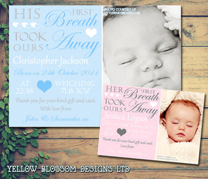 First Breath Took Ours Away His Her New Born Baby Birth Announcement Photo Cards Personalised Bespoke ~ QUANTITY DISCOUNT AVAILABLE