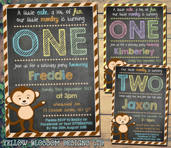 Monkey Chalkboard ONE TWO Party Invitations - Children's Kids Child Birthday Invites Joint Party Unisex Printed ~ QUANTITY DISCOUNT AVAILABLE