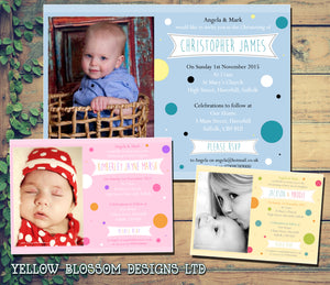 Polka Dots Photo Joint Celebration Party - Christening Invitations Boy Girl Unisex Twins Baptism Naming Day Ceremony Celebration Party ~ QUANTITY DISCOUNT AVAILABLE