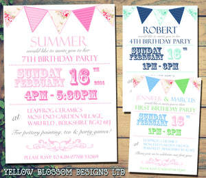 Shabby Chic Bunting - Children's Kids Child Birthday Invitations Boy Girl Joint Party Twins Unisex Printed ~ QUANTITY DISCOUNT AVAILABLE