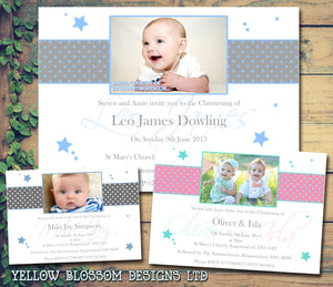 Stars Spots Polka Photo Party - Christening Invitations Joint Boy Girl Unisex Twins Baptism Naming Day Ceremony Celebration Party ~ QUANTITY DISCOUNT AVAILABLE