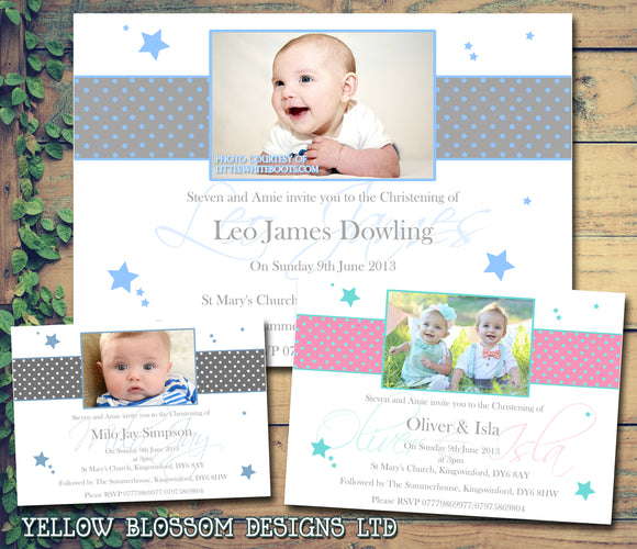 Stars Spots Polka Photo Party - Christening Invitations Joint Boy Girl Unisex Twins Baptism Naming Day Ceremony Celebration Party ~ QUANTITY DISCOUNT AVAILABLE