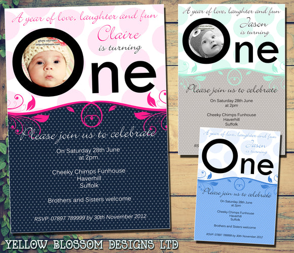 Cute Baby ONE First Invitations - Boy Girl Unisex Joint Birthday Invites Boy Girl Joint Party Twins Unisex Printed ~ QUANTITY DISCOUNT AVAILABLE