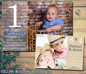 Full Photo Card - Children's Kids Child Birthday Invitations Boy Girl Joint Party Twins Unisex Printed ~ QUANTITY DISCOUNT AVAILABLE