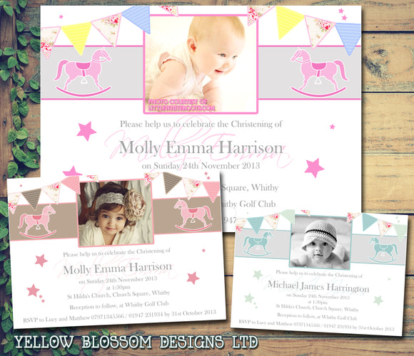 Rocking Horse Bunting Photo Party - Christening Invitations Joint Boy Girl Unisex Twins Baptism Naming Day Ceremony Celebration Party ~ QUANTITY DISCOUNT AVAILABLE
