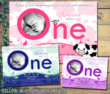ONE Cow Print First 1st Baby Invitations - Children's Kids Child Birthday Invites Joint Party Unisex Printed ~ QUANTITY DISCOUNT AVAILABLE