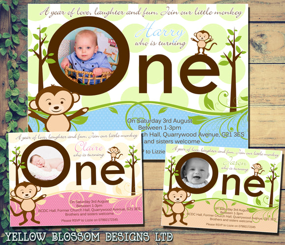 Our Little Monkey Is Turning One Invitations - Boys Girls Joint Birthday Party Invites Twins Unisex Printed ~ QUANTITY DISCOUNT AVAILABLE