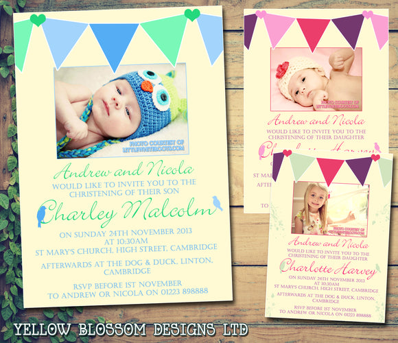 Vintage Bunting Photo Celebration Party - Christening Invitations Joint Boy Girl Unisex Twins Baptism Naming Day Ceremony Celebration Party ~ QUANTITY DISCOUNT AVAILABLE