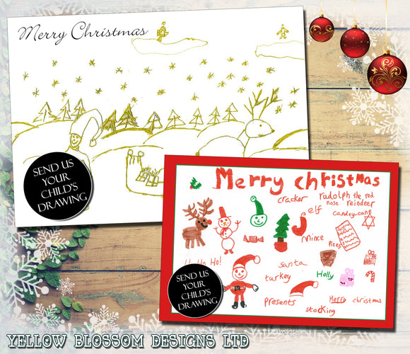 Turn Your Child's Drawings Into Personalised Folded Flat Christmas Photo Cards Family Child Kids ~ QUANTITY DISCOUNT AVAILABLE