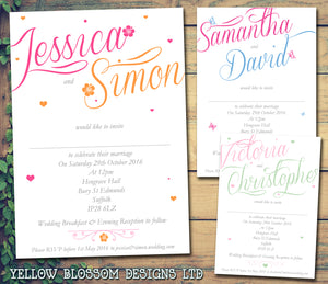 Flowers Pink Orange Blue Pink Green Abroad Wedding Day Evening Invitations Personalised Bespoke - Custom Personalised Invites - Yellow Blossom Designs Ltd