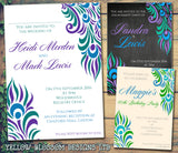 Peacock Feather Effective Wedding Day Evening Invitations Personalised Bespoke - Custom Personalised Invites - Yellow Blossom Designs Ltd