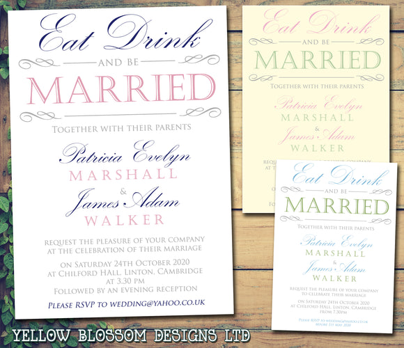 Eat Drink And Be Married Vintage Wedding Day Evening Invitations Personalised Bespoke - Custom Personalised Invites - Yellow Blossom Designs Ltd