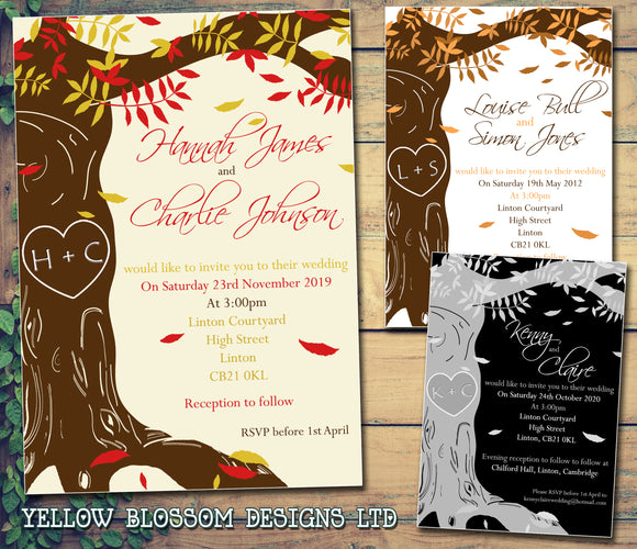 Tree Etching Woodland Autumn Wedding Day Evening Invitations Personalised Bespoke - Custom Personalised Invites - Yellow Blossom Designs Ltd