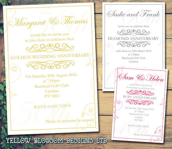 Anniversary Invitations Gold Silver Diamond Ruby 40th 50th 60th Wedding Party Personalised Bespoke ~ QUANTITY DISCOUNT AVAILABLE - YellowBlossomDesignsLtd