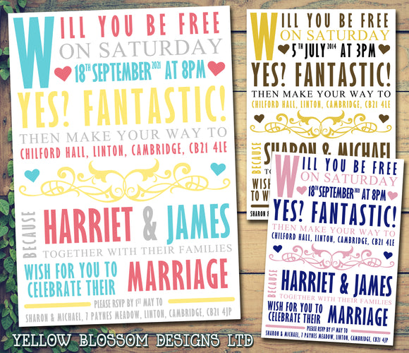 Classic Typography Wedding Invitations Personalised ~ QUANTITY DISCOUNT AVAILABLE - YellowBlossomDesignsLtd