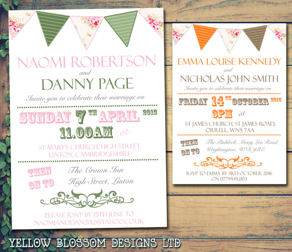Shabby Chic Bunting Green Pink Orange Brown Wedding Day Evening Invitations Personalised Bespoke  - Custom Personalised Invites - Yellow Blossom Designs Ltd