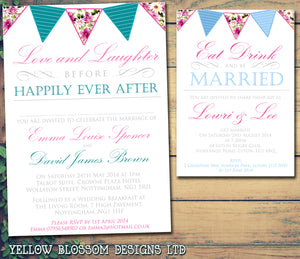 Love And Laughter Before Happily Ever After Wedding Day Evening Invitations Personalised Bespoke - Custom Personalised Invites - Yellow Blossom Designs Ltd