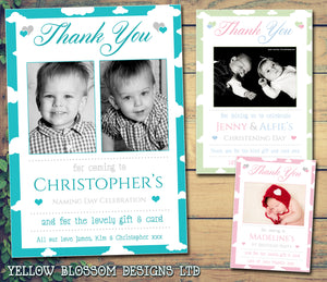 Cloudy Border Thank You Card With Photos Blue Pink Green