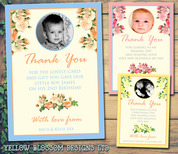 Flowers Joint Boy Girl Twins Photo Personalised Thank You Cards Christening Baptism Naming Day Party Celebrations ~ QUANTITY DISCOUNT AVAILABLE