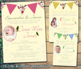 Vintage Shabby Chic Bunting Rustic - Christening Invitations Boy Girl Unisex Joint Twins Baptism Naming Day Ceremony Celebration Party ~ QUANTITY DISCOUNT AVAILABLE