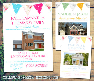 Home Photo Bunting Shabby Chic Vintage Personalised Moving House Announcement Cards ~ QUANTITY DISCOUNT AVAILABLE