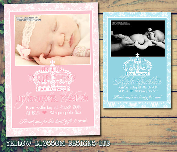 Princes Princess Thank You Message Note New Born Baby Birth Announcement Photo Cards Personalised Bespoke ~ QUANTITY DISCOUNT AVAILABLE