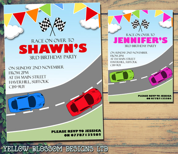 Racing Car Formula One Go Kart Party Invitations - Boys Girls Joint Birthday Party Invites Twins Unisex Printed