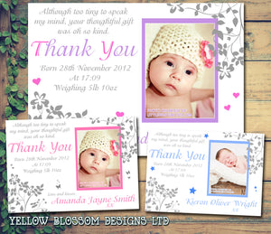 Boy Girl Twins Thank You New Born Baby Birth Announcement Photo Cards Personalised Bespoke ~ QUANTITY DISCOUNT AVAILABLE - YellowBlossomDesignsLtd
