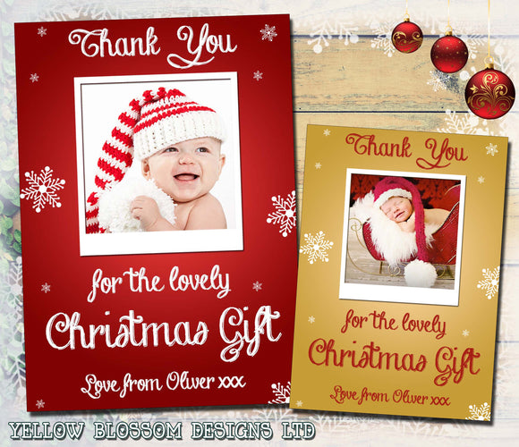 Red Gold Photo Boy Girl Personalised Folded Flat Christmas Thank You Photo Cards Family Child Kids