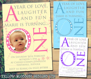 Love Laughter ONE Invitations - Children's Kids Child Birthday Invites Boy Girl Joint Party Twins Unisex Printed ~ QUANTITY DISCOUNT AVAILABLE
