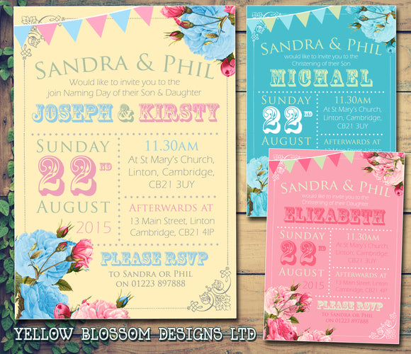 Roses Bunting Rusitc - Christening Invitations Joint Boy Girl Unisex Twins Baptism Naming Day Ceremony Celebration Party ~ QUANTITY DISCOUNT AVAILABLE