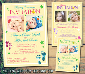 Joint Celebration Party - Christening Invitations Joint Boy Girl Unisex Twins Baptism Naming Day Ceremony Celebration Party ~ QUANTITY DISCOUNT AVAILABLE