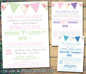 Rustic Poster Bunting Chic - Christening Invitations Joint Boy Girl Unisex Twins Baptism Naming Day Ceremony Celebration Party ~ QUANTITY DISCOUNT AVAILABLE