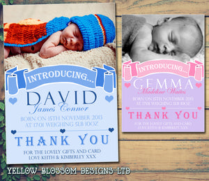 Introducing Twins Thank You Message Note New Born Baby Birth Announcement Photo Cards Personalised Bespoke ~ QUANTITY DISCOUNT AVAILABLE