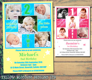 Multiple Photo Party Invitations - Birthday Invites Boy Girl Joint Party Twins Unisex Printed Children's Kids Child ~ QUANTITY DISCOUNT AVAILABLE
