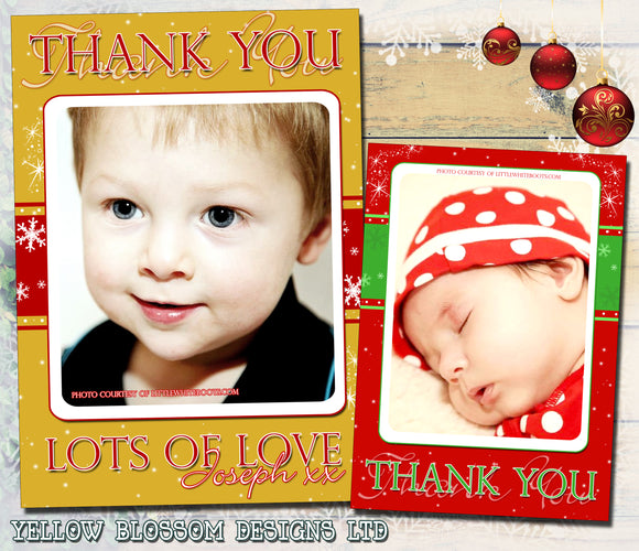 Red Gold Green Personalised Folded Flat Christmas Thank You Photo Cards Family Child Kids
