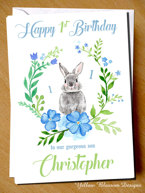 PERSONALISED Cute Bunny Rabbit Birthday Card Son Grandson Boys 1 2 3 4 5 6 Age