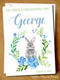 PERSONALISED On Your Christening Day Card Naming Day Baptism Boy Blue Grey Rabbit