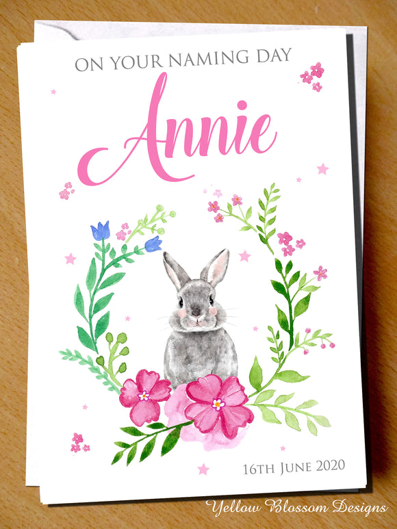 PERSONALISED Christening Day Card Naming Baptism Girls Bunny Grey Rabbit