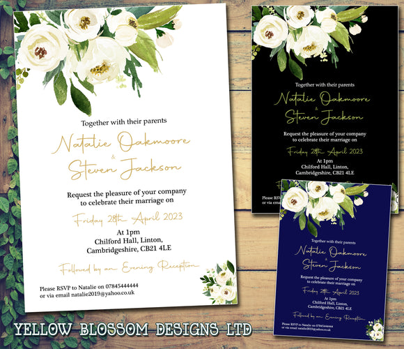 10 Personalised Wedding Evening Invitations Invites Botanical Flowers Floral Navy Black Gold White Sage Green