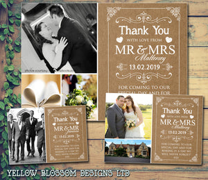 Rustic Barn Shabby Chic Photo Hearts Photo Personalised Wedding Thank You Cards ~ QUANTITY DISCOUNT AVAILABLE