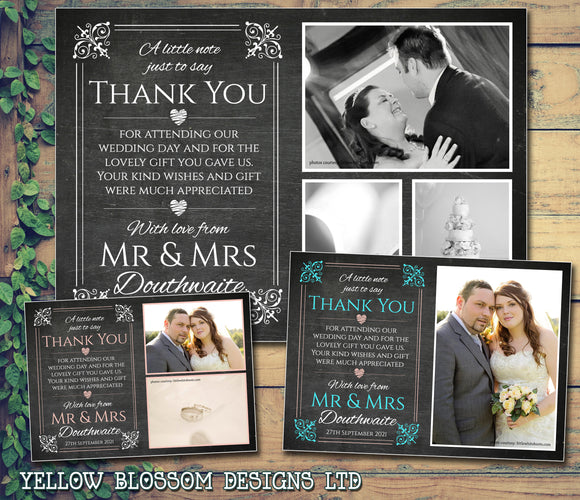 Chalkboard Elegant Pink Blue Photo Personalised Wedding Thank You Cards ~ QUANTITY DISCOUNT AVAILABLE