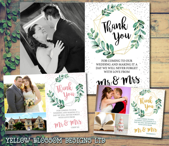 Personalised Wedding Thank You Card Greenery Rustic Printed Photo Gold Silver