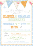 Shabby Chic Vintage Bunting Poster Style - Christening Invitations Boy Girl Unisex Twins Baptism Naming Day Ceremony Celebration Party ~ QUANTITY DISCOUNT AVAILABLE