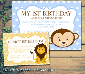 Monkey Lion Invitations Boy Girl - Children's Kids Child Birthday Invites Joint Party Twins Unisex Printed ~ QUANTITY DISCOUNT AVAILABLE